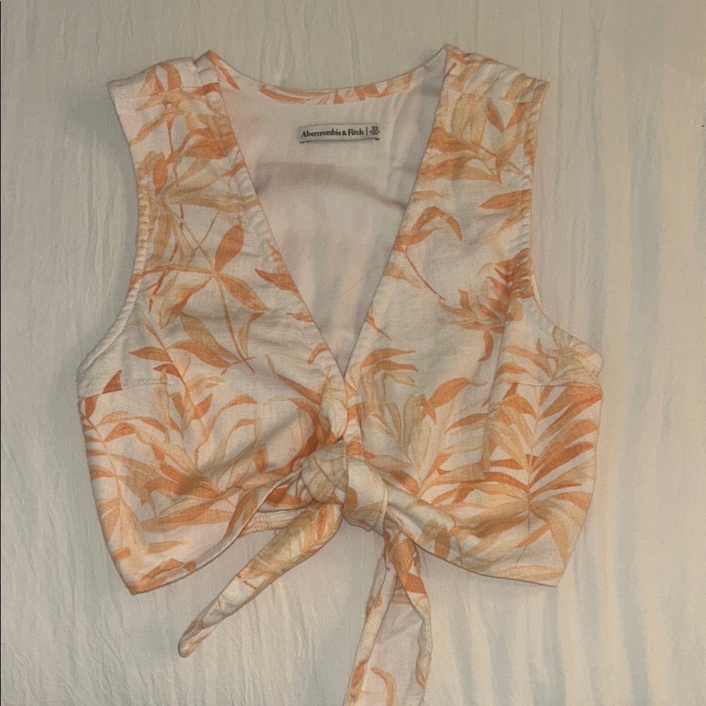 Abercrombie & Fitch Women's Linen Orange Floral Tie-Front Top